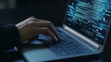 Software development concept. Coding programmer, software engineer working on laptop with javascript computer code on virtual screen, internet of things IoT, digital technology