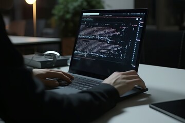 Software development concept. Coding programmer, software engineer working on laptop with javascript computer code on virtual screen, internet of things IoT, digital technology, Generative AI