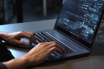 Software development concept. Coding programmer, software engineer working on laptop with javascript computer code on virtual screen, internet of things IoT, digital technology, Generative AI