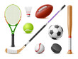 © YummyBuum - Realistic sport balls clubs. 3d isolated sport games accessories, detailed tennis racket, baseball bat, badminton shuttlecock, hockey stick and puck, football and rugby ball utter vector set