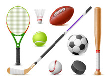 Realistic Sport Balls Clubs. 3d Isolated Sport Games Accessories, Detailed Tennis Racket, Baseball Bat, Badminton Shuttlecock, Hockey Stick And Puck, Football And Rugby Ball Utter Vector Set