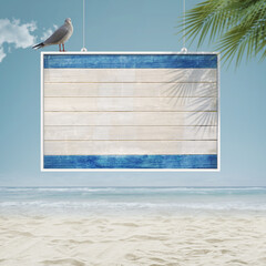 Wall Mural - Wooden sign and seagull at the beach