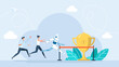© Yurii - Business people group and robot competing run to finish line. Robot and human running competition together. AI win race finish first. Artificial intelligence and new technology. Vector illustration