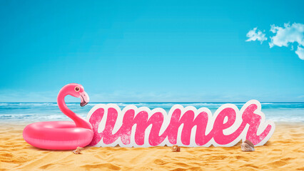 Wall Mural - Summer sign and inflatable flamingo toy