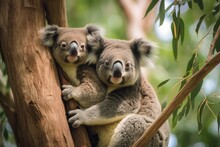 Mother And Baby Koalas In A Tre