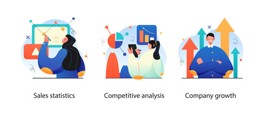 Wall Mural - Business Concept illustrations. Mega set. Collection of scenes with men and women taking part in business activities. Vector illustration
