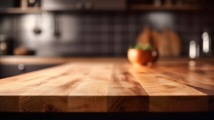 Empty kitchen wooden table and bokeh light background. product display template, Blurry, Unsharp background, Out of focus, Abstract, Generative AI