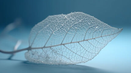  Beautiful white skeletonized leaf on a light blue background with round bokeh.  artistic image of beauty and purity of nature - AI Generative