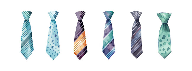 Necktie watercolor isolated on white background. Set of fashion tie accessory for men. Father or male necktie elements vector illustration