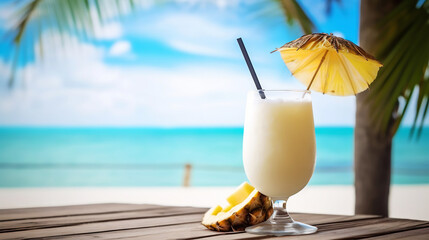 Pina Colada cocktail on background with blue sea and sky tropical background. Generative AI