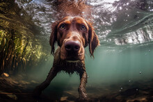 Hunting Dog Swimming Underwater In Lake. Generative AI