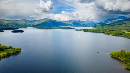 Wall Mural - Aerial view of small islands on the huge freshwater Loch Lomond in the Scottish Highlands