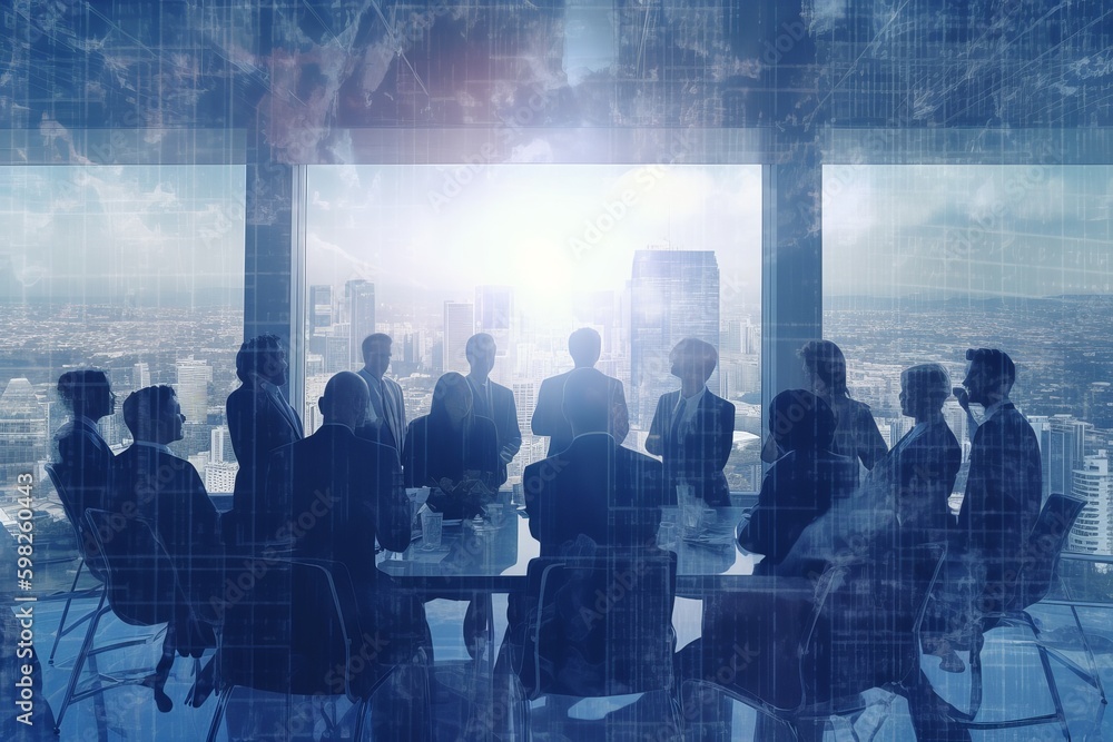 Double exposure image of many business people conference group meeting ...