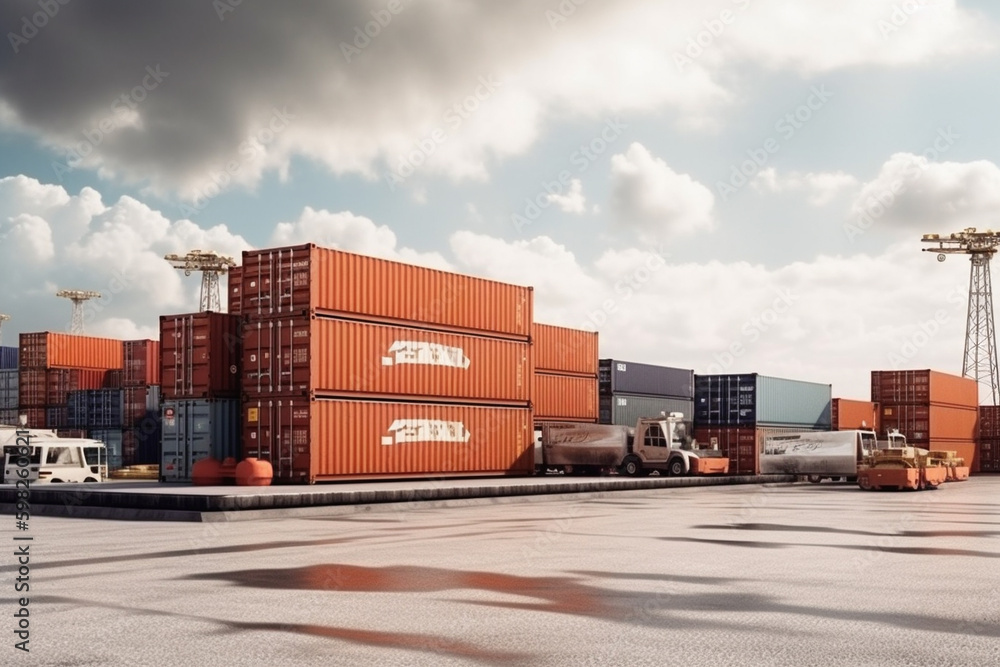 Aerial view of stacked shipping containers at a busy port with cranes ...