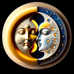 Sun and Moon zodiac generative ai illustration, isolated on black background.