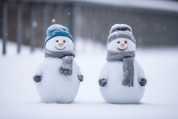 Wall Mural - two snowmen with different accessories standing in a snowy landscape. Generative AI Generative AI