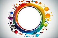 Abstract Colorful Circle Frame Made Of Liquid Paint Explosion With Drops With Empty White Space.