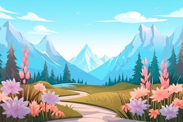 Sticker - colorful mountain landscape with blooming flowers. Generative AI Generative AI