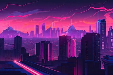 Canvas Print - futuristic city skyline with a vibrant pink and purple sky. Generative AI Generative AI