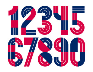 Geometric numbers set, vector digits, retro 90s style trendy numerals made with geometry elements, lined stripy design.