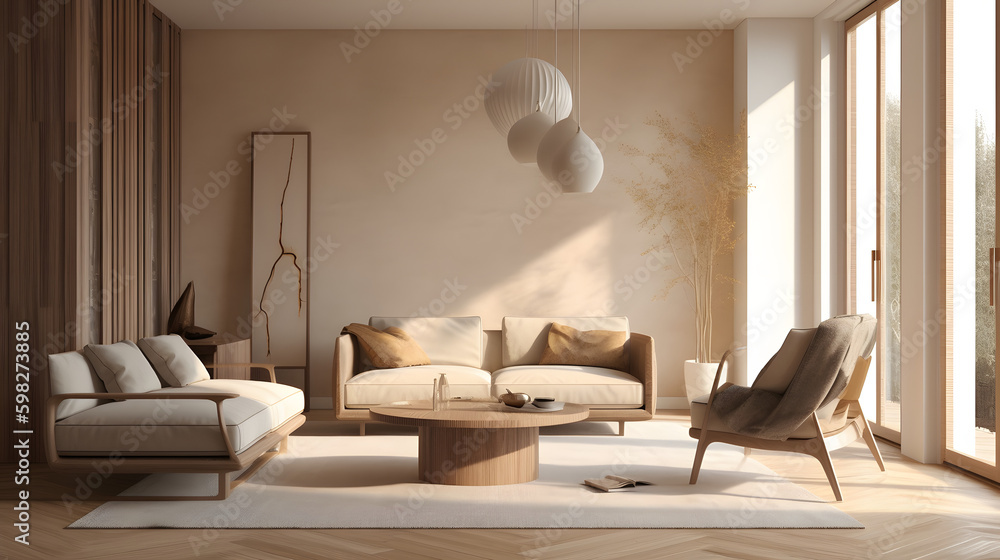 Modern interior japandi style design livingroom. Lighting and sunny ...