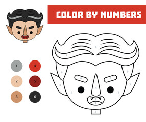 Color by number, education game for kids, Cute vampire cartoon face