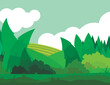 © Nadiia - Spring наture, landscape. Green meadow andf green forest. Spring landscape with leses, sun, sky and clouds, with wild grass. Vector on spring background. in flat cartoon style.
