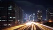 © Ameer - light trails above buildings, traffic at night, city at night, traffic in the city, Generative AI