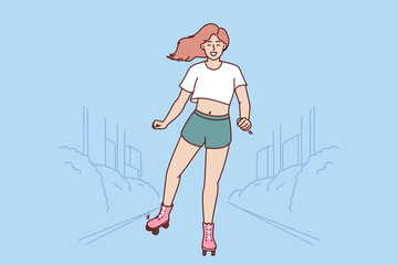 Woman uses roller skates to ride around city and breathe fresh air on hot summer day. Young girl enjoys walk and moves through streets on roller skates to give up gasoline transport. Generative AI