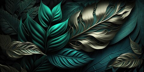 Wall Mural - the backdrop is a metallic green leaf texture. generative ai generative ai