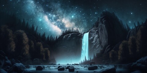 Wall Mural - Waterfalls and trees make up the Milky Way. Generative AI Generative AI