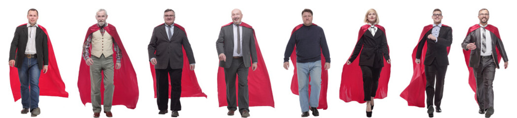 Wall Mural - group of people in red raincoat isolated on white