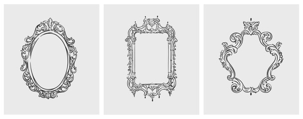 Wall Mural - hand drawn vector abstract outline,graphic,line art vintage baroque ornament floral frames set in mi