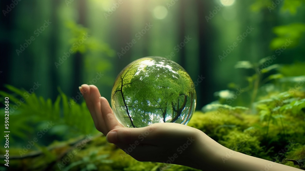 Hands Holding Globe Glass In Green Forest with warm sunlight ...