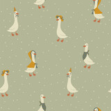 Fototapeta Pokój dzieciecy - Geese seamless pattern. Cute cartoon characters in funny clothes, hat, raincoat in simple hand drawn style. The limited vintage palette is perfect for baby prints. Goose nursery vector.