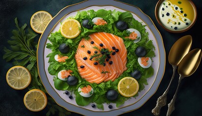 Wall Mural - Greens, lemon wedges, caviar, and smoked salmon atop a bed of mimosa dressing. Generative AI Generative AI