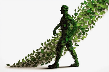 Sustainability and environmental Concept, nature, ecological activism and green economy on the rise, silhouette of man running made of green leaves leaving a trail of leaves behind him, generative AI