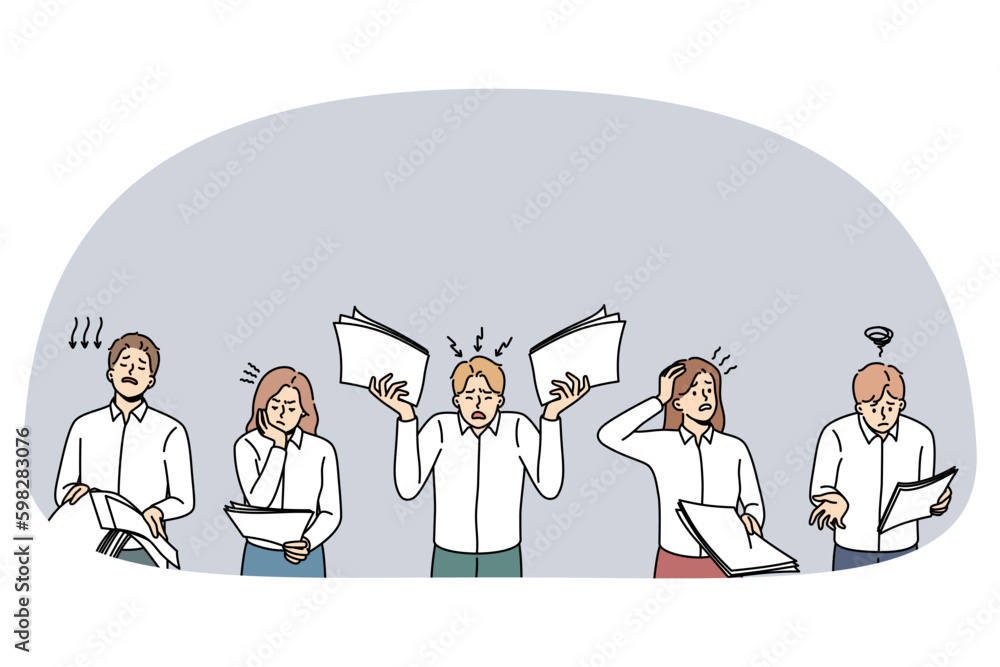Paperwork Fail Unhappy businesspeople with paperwork frustrated with bad financial ...