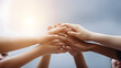 © Prasanth - Panoramic Teamwork,empathy,partnership and Social connection in business join hand together concept.Hand of diverse people connecting.Power of volunteer charity work,Stack of people hand.