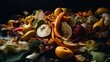 Food loss and food waste. Uneaten spoiled vegetables and fruits thrown in the garbage container. Unwanted rotten veggies in the trash. Generative AI.