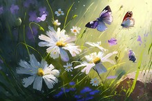 Beau Champ De Fleurs De Prairie De Camomille Et De Cloches Sauvages Violettes Et Trois Papillons Volants Dans L'herbe Verte Du Matin Au Soleil, Paysage Naturel. Ai Générative 