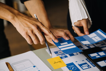 ux Graphic designer creative sketch planning application process development prototype wireframe for web mobile phone . User experience concept.