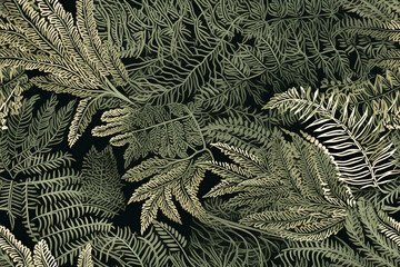 tile. Seamless pattern with golden fern leaves on black background. Generative AI