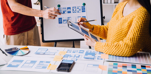ux Graphic designer creative sketch planning application process development prototype wireframe for web mobile phone . User experience concept.