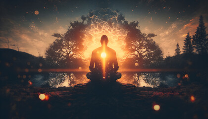 Wall Mural - yoga silhouette of human in cosmic space meditate with sun light. back view man practicing meditatio