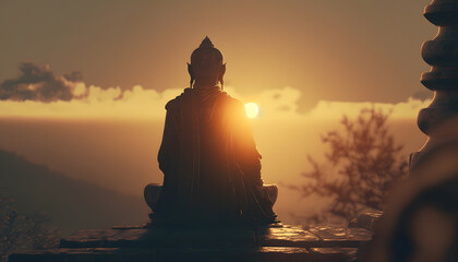 Wall Mural - yoga silhouette of human in cosmic space meditate with sun light. back view man practicing meditatio