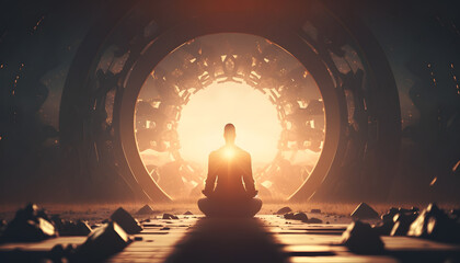 Wall Mural - yoga silhouette of human in cosmic space meditate with sun light. back view man practicing meditatio