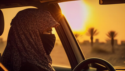 Islam female is driver. Arabic Muslim women driving car. AI generation