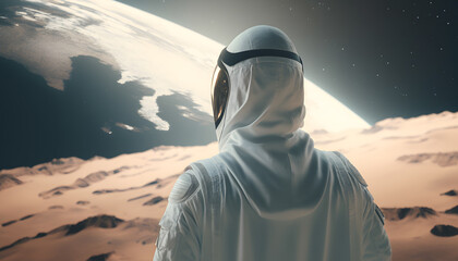 Emirati young man astronaut in space. Saudi and UAE, United Arab of Emirates galaxy mission on spaceship