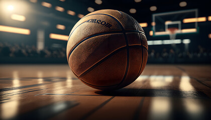 Wall Mural - Banner sports tournament Basketball, ball on dark background court, copy space. Generation AI